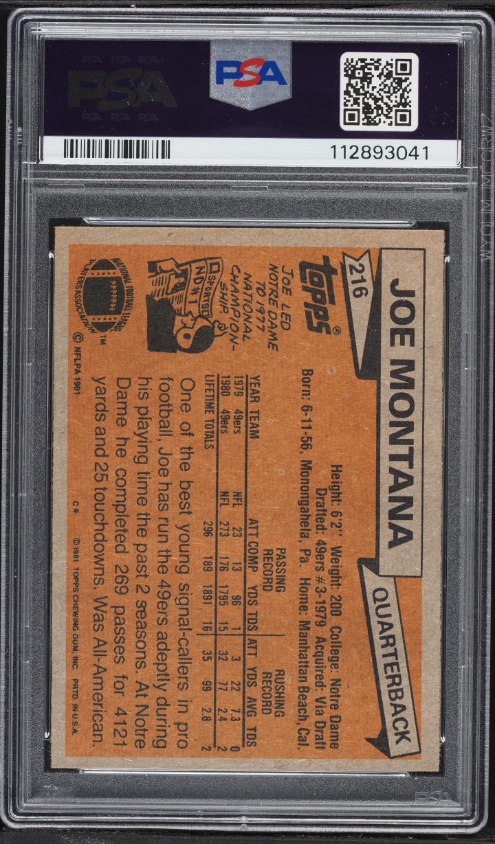 1981 Topps Football Joe Montana ROOKIE #216 PSA 9 MINT