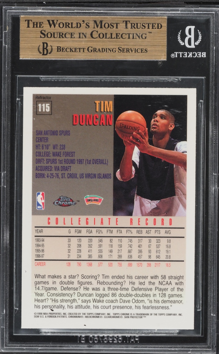 1997 Topps Chrome Refractor Tim Duncan ROOKIE #115 BGS 9.5 GEM MINT