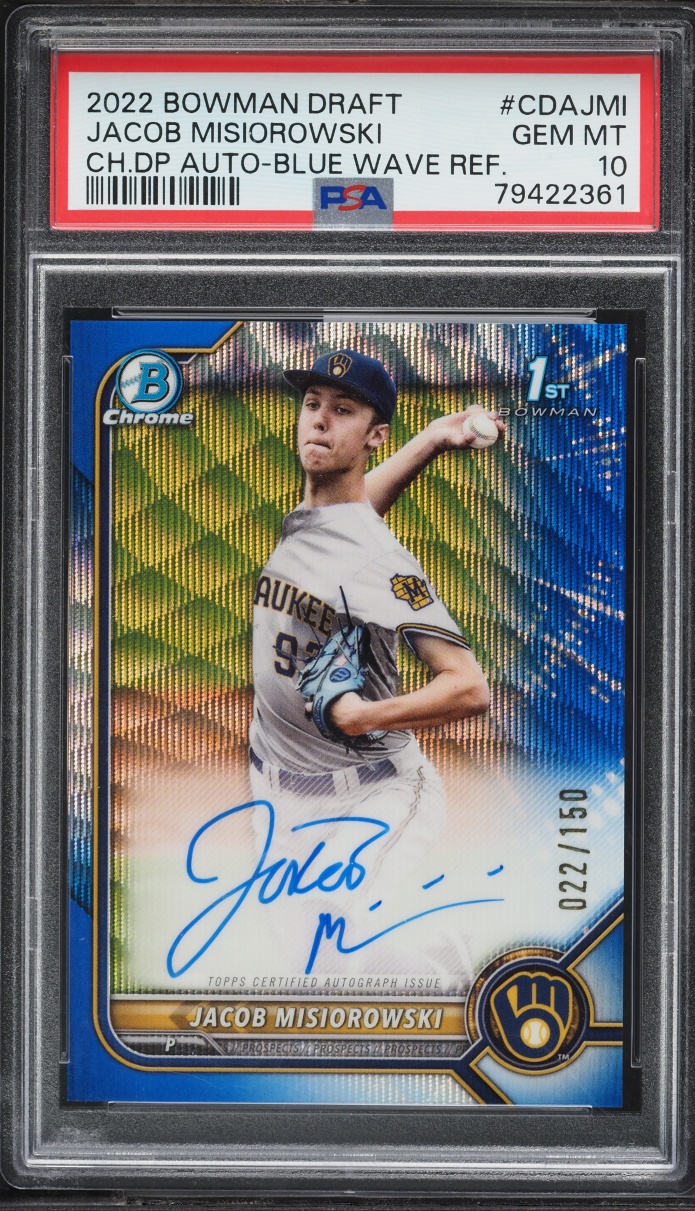 2022 Bowman Chrome Draft Picks Blue Wave Jacob Misiorowski PROSPECT AUTO /150 #CDA-JMI PSA 10