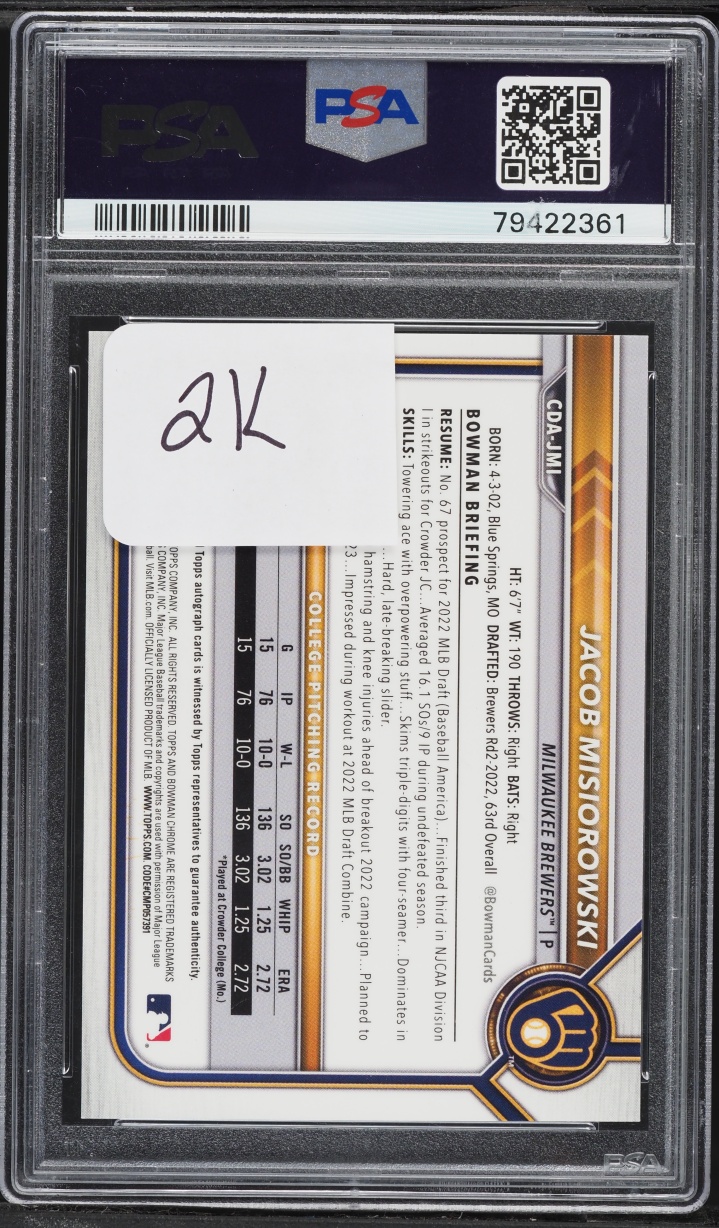 2022 Bowman Chrome Draft Picks Blue Wave Jacob Misiorowski PROSPECT AUTO /150 #CDA-JMI PSA 10