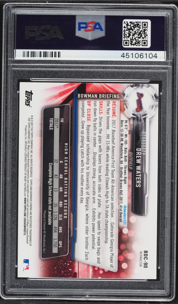 2017 Bowman Draft Chrome Refractor Drew Waters PROSPECT #BDC-90 PSA 9 MINT
