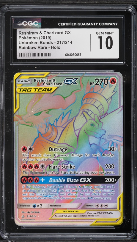 2019 Pokemon Sun & Moon Unbroken Bonds Rainbow Rare Reshiram & Charizard GX  #217 CGC 8.5 NM-MT+ on Fanatics Collect