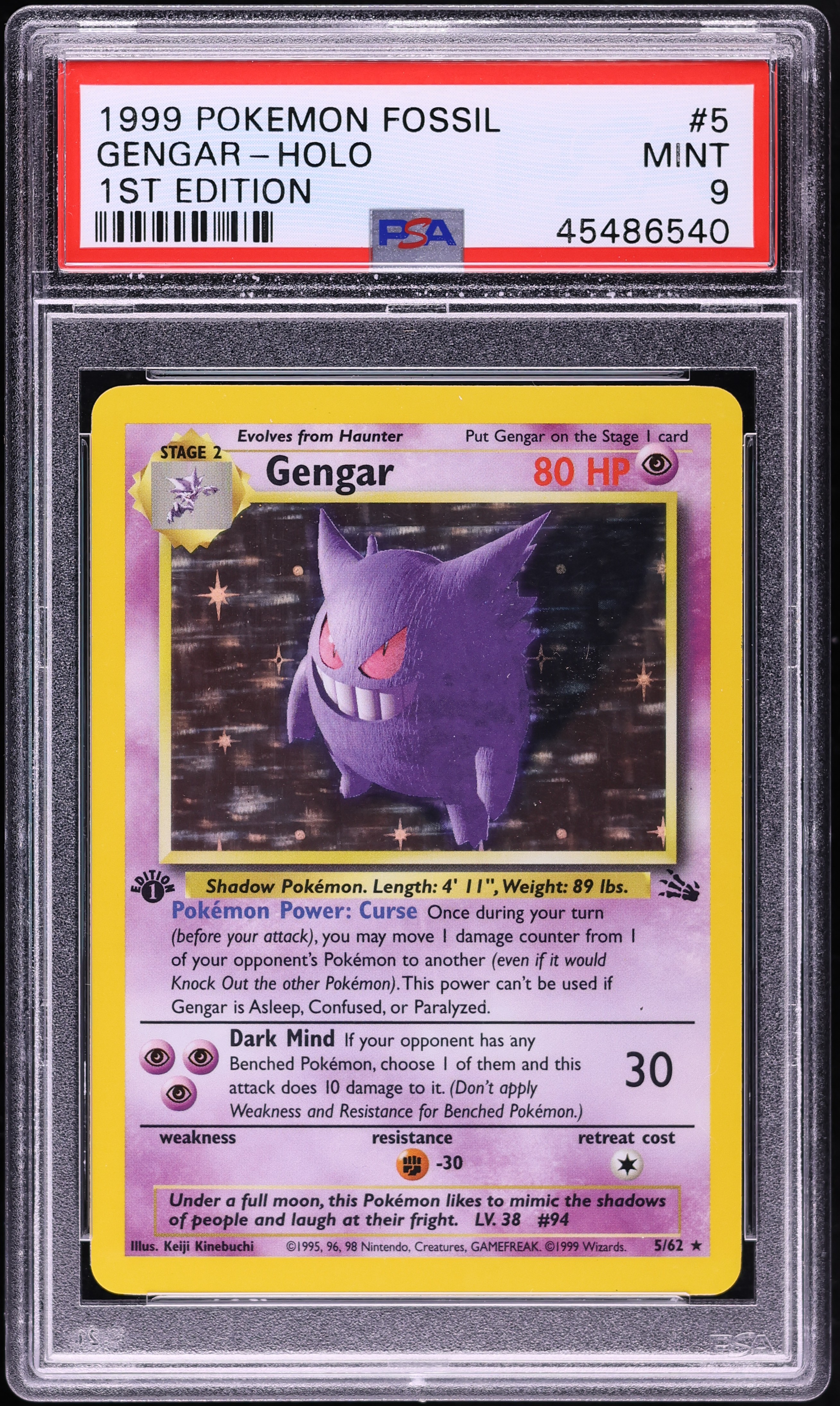 1999 Pokemon Fossil 1st Edition Holo Gengar #5 PSA 9 MINT on