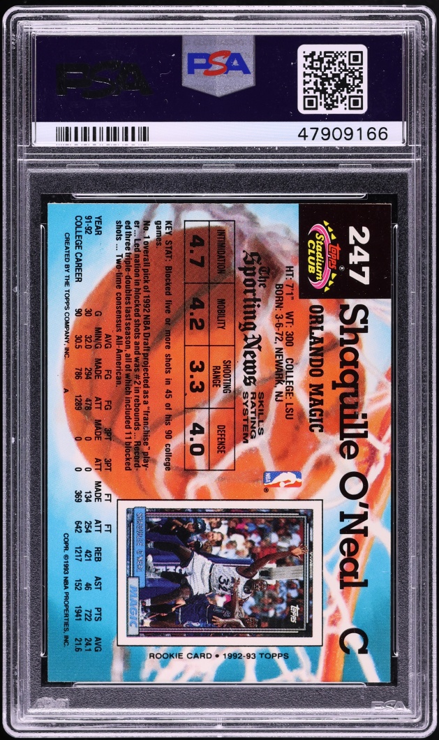 1992 Stadium Club Basketball Shaquille O'Neal ROOKIE #247 PSA 10 GEM MINT
