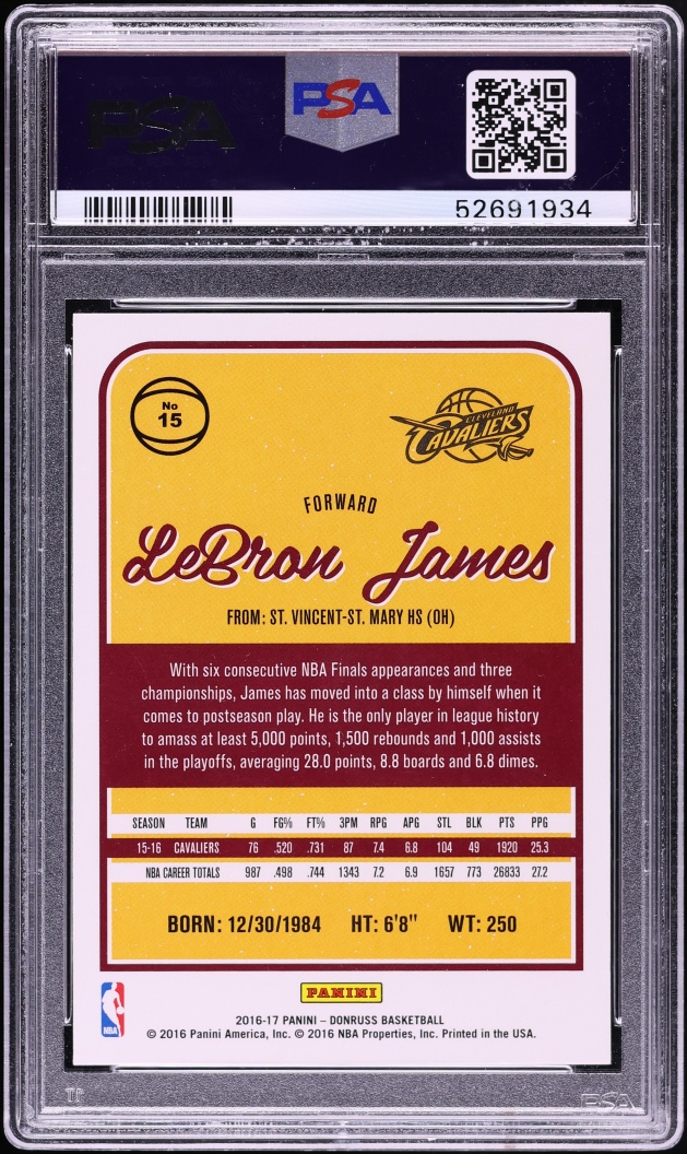 2016 Donruss Basketball LeBron James w/ Kobe Bryant #15 PSA 9 MINT