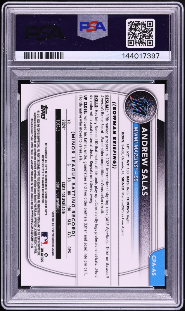 2025 Bowman Chrome Popcorn Refractor Andrew Salas PROSPECT AUTO 1/5 #CPA-AS PSA 10 GEM MINT