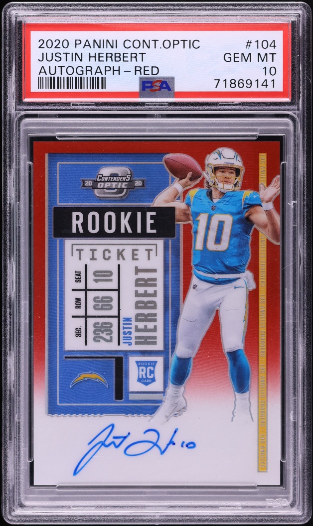 2020 Panini Contenders Optic Red Prizm Justin Herbert ROOKIE AUTO /199 #104 PSA 10 GEM MINT