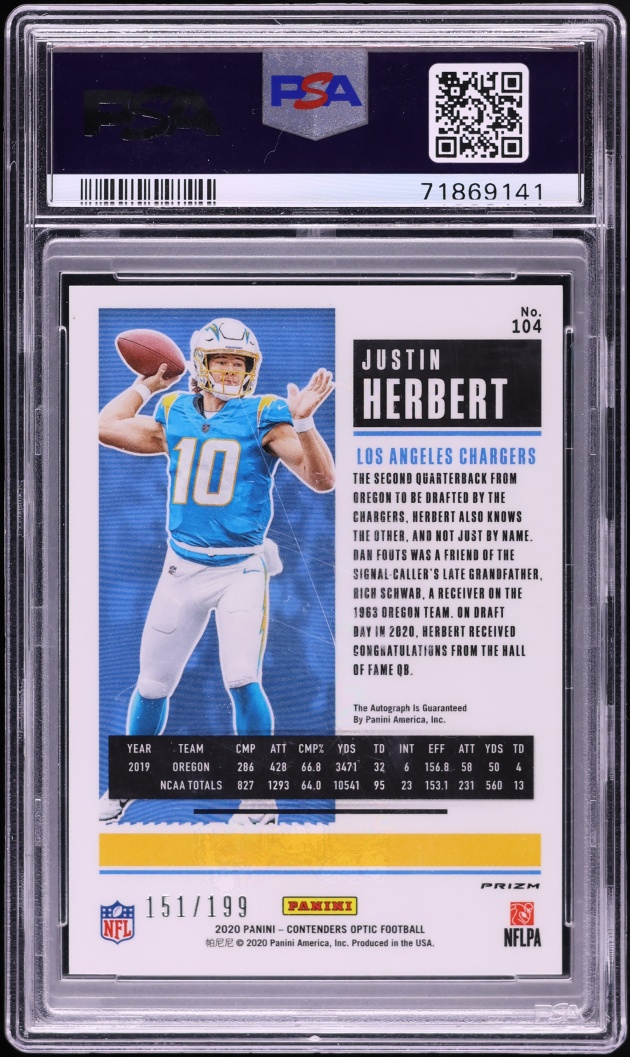 2020 Panini Contenders Optic Red Prizm Justin Herbert ROOKIE AUTO /199 #104 PSA 10 GEM MINT