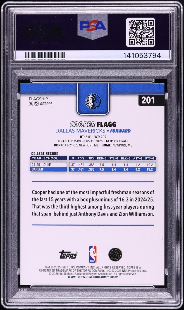 2025 Topps Green Rainbow Cooper Flagg ROOKIE /99 #201 PSA 9 MINT