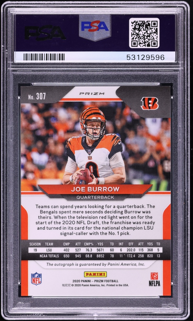 2020 Panini Prizm Joe Burrow ROOKIE AUTO #307 PSA 10 GEM MINT