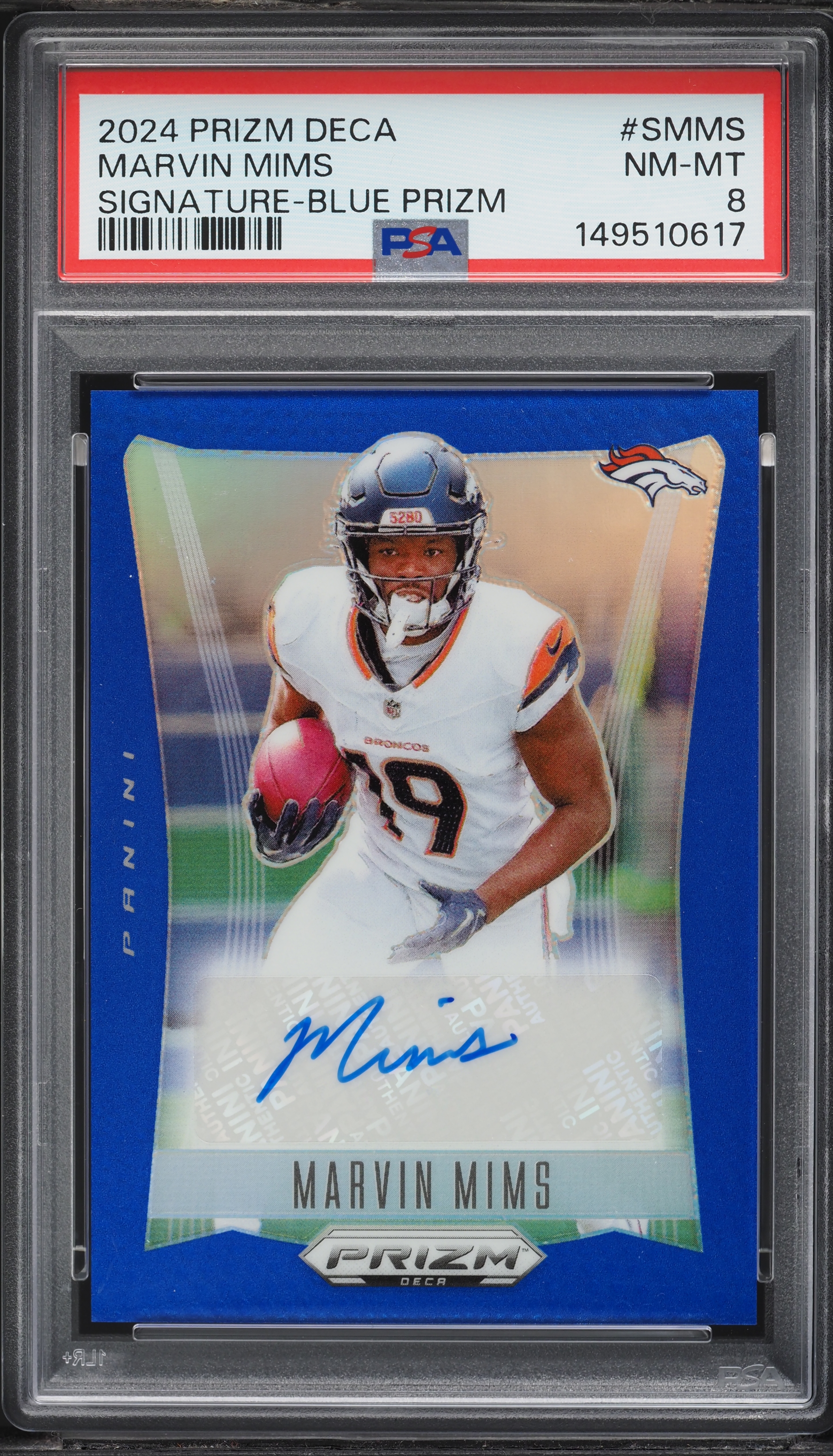 2024 Panini Prizm Deca Football Blue Marvin Mims #S-MMS PSA 8