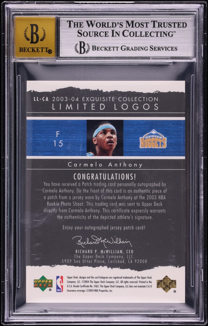 2003 Exquisite Collection Limited Logos Carmelo Anthony ROOKIE PATCH AUTO /75 #LL-CA BGS 9 MINT