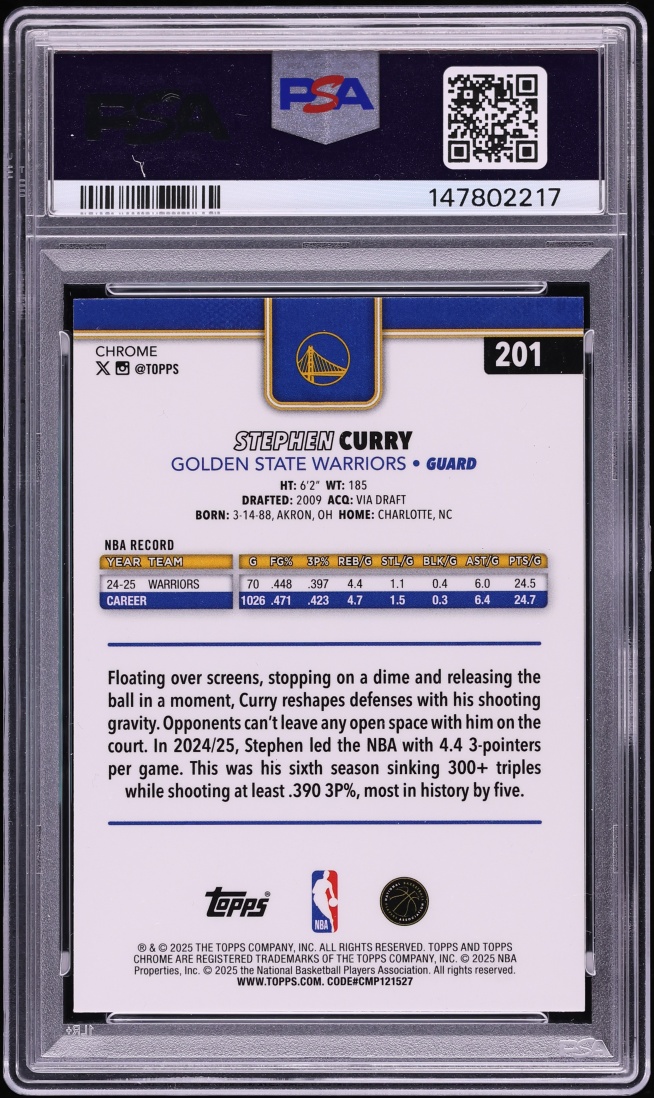 2025 Topps Chrome Blue Refractor Stephen Curry /150 #201 PSA 9 MINT