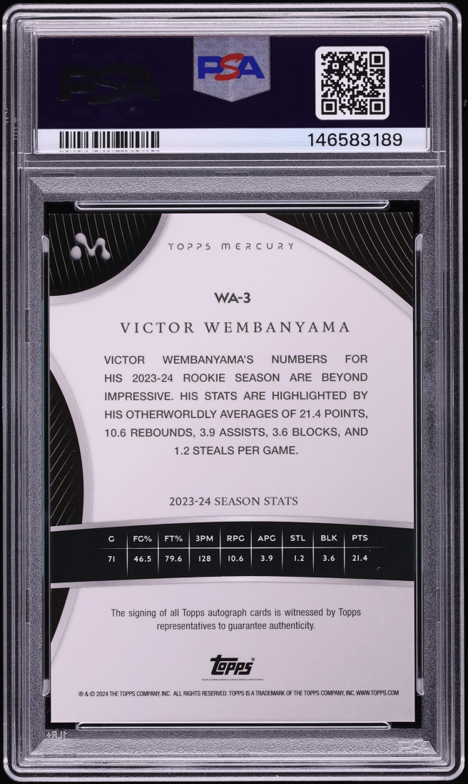 2023 Topps Mercury Black Refractor Victor Wembanyama ROOKIE AUTO /10 #WA3 PSA 9 MINT