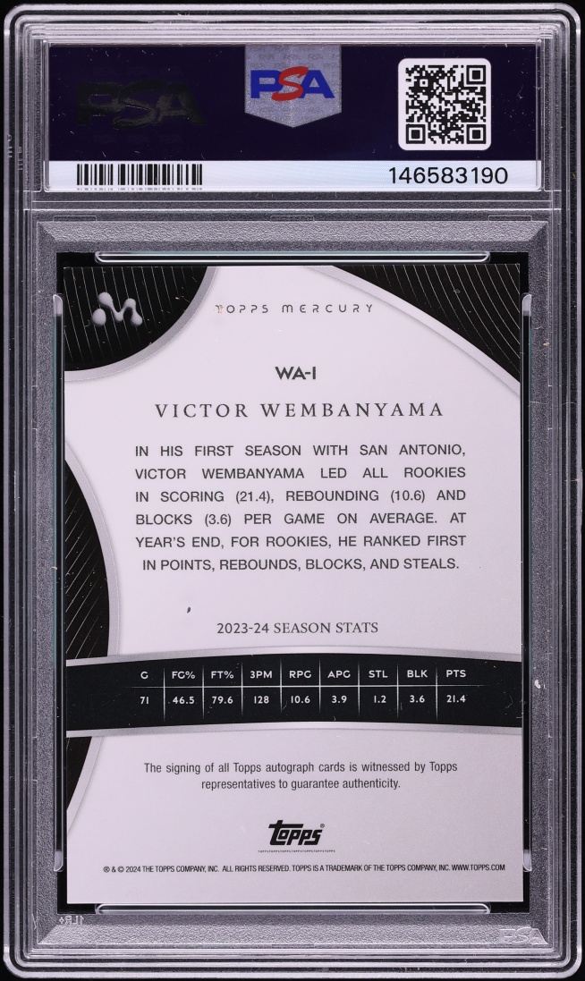 2023 Topps Mercury Black Refractor Victor Wembanyama ROOKIE AUTO /10 #WA-1 PSA 9 MINT