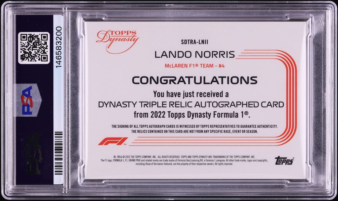 2022 Topps Dynasty Formula 1 Single Driver Triple Lando Norris PATCH AUTO /10 #LNII PSA 9 MINT