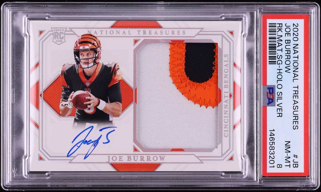 2020 National Treasures Holo Silver Joe Burrow ROOKIE PATCH AUTO /25 #RMS-JB PSA 8 NM-MT