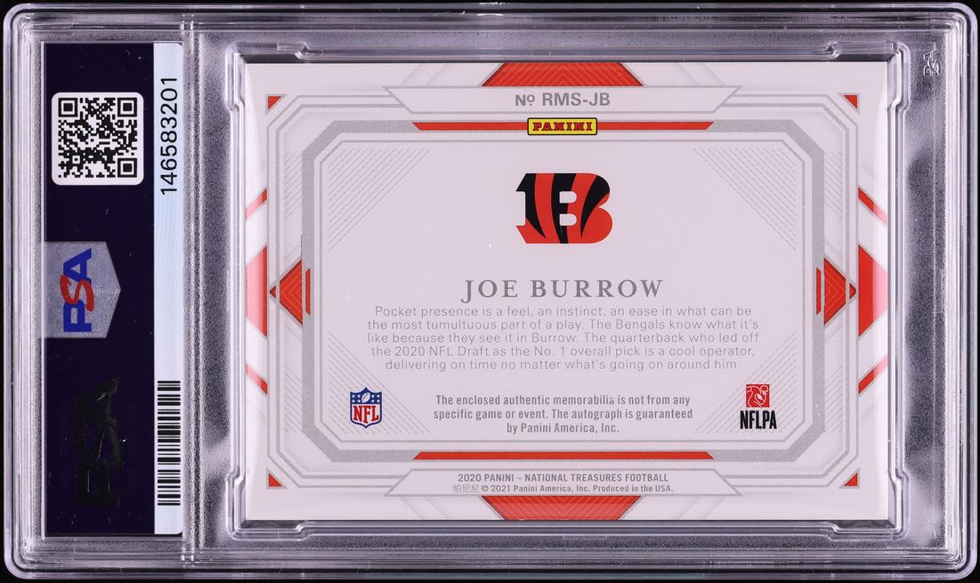 2020 National Treasures Holo Silver Joe Burrow ROOKIE PATCH AUTO /25 #RMS-JB PSA 8 NM-MT
