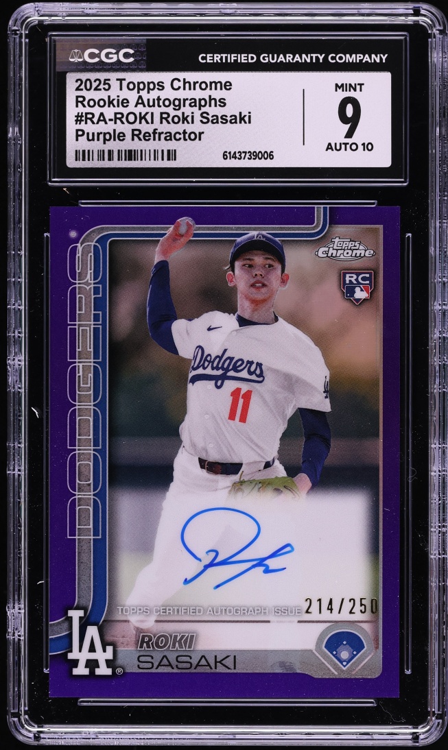 2025 Topps Chrome Purple Refractor Roki Sasaki ROOKIE AUTO /250 #RA-ROKI CGC 9 MINT