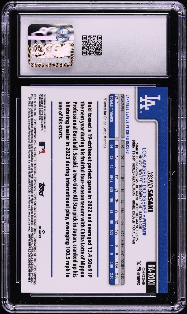 2025 Topps Chrome Purple Refractor Roki Sasaki ROOKIE AUTO /250 #RA-ROKI CGC 9 MINT