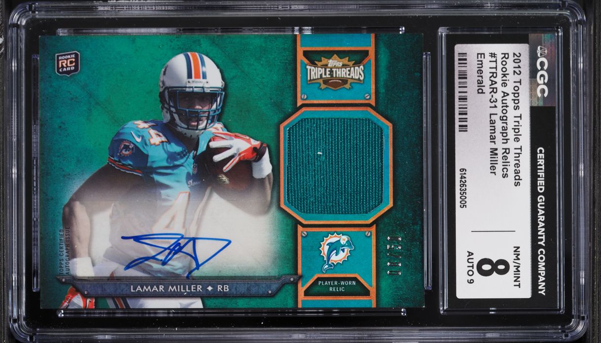 2012 Topps Triple Threads Emerald Lamar Miller ROOKIE PATCH AUTO /50 #TTRAR-31 CGC 8 NM-MT