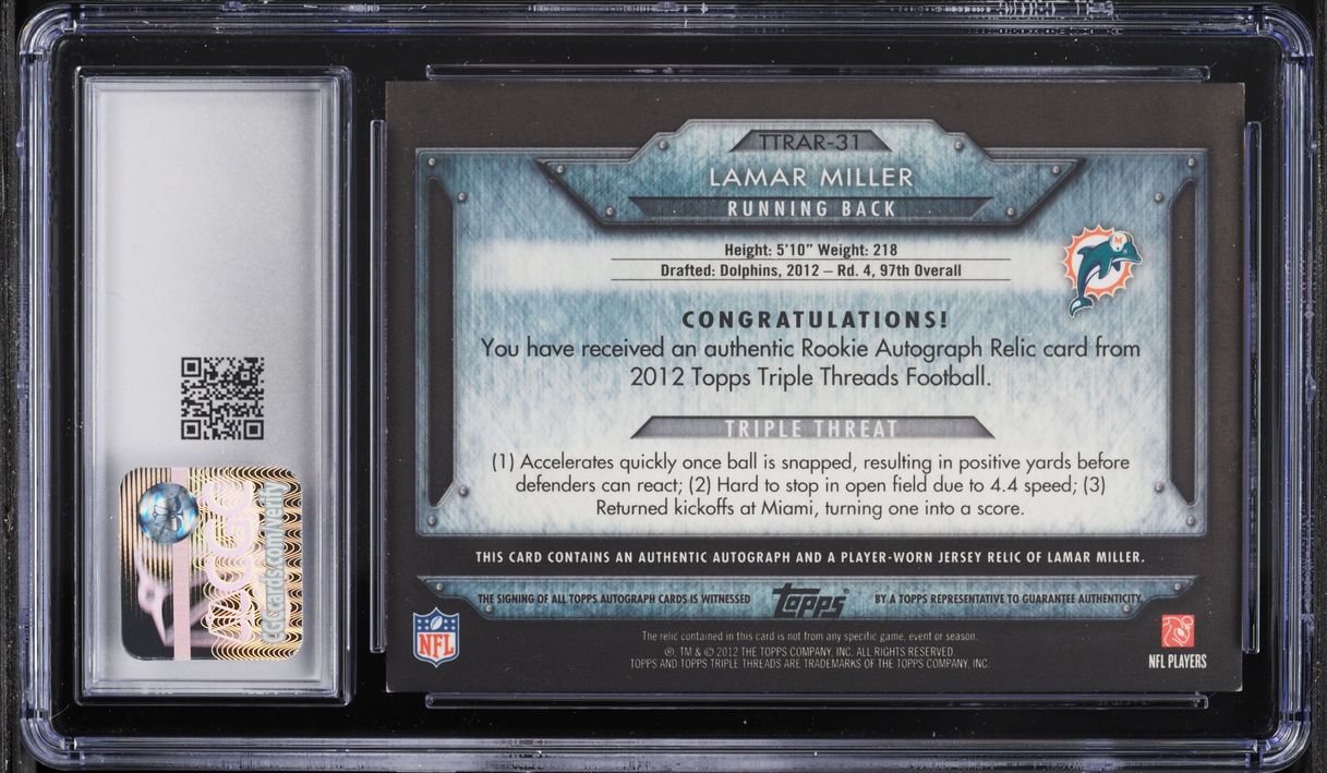 2012 Topps Triple Threads Emerald Lamar Miller ROOKIE PATCH AUTO /50 #TTRAR-31 CGC 8 NM-MT
