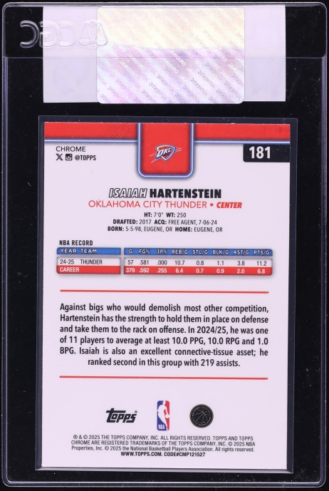 2025 Topps Chrome Yellow RayWave Refractor Isaiah Hartenstein /275 #181 CGC AUTH