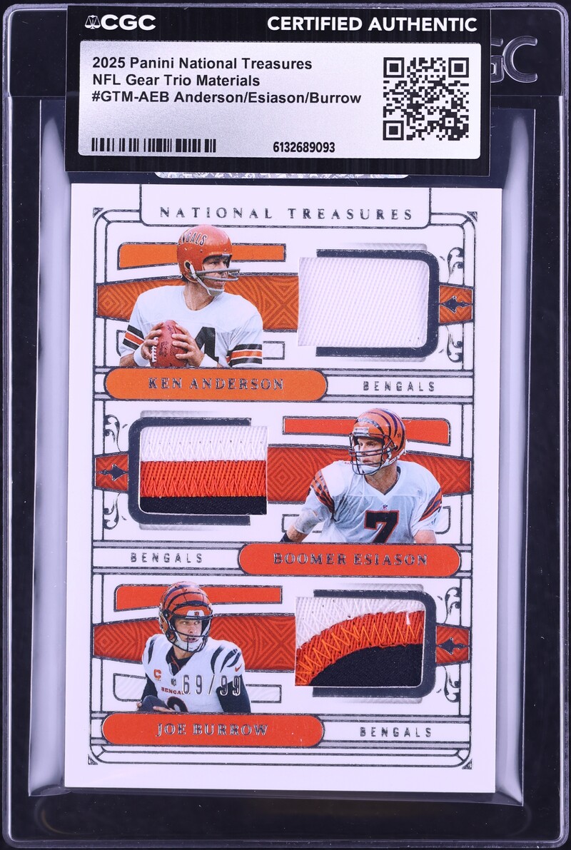 2025 National Treasures NFL Gear Trio Ken Anderson Boomer Esiason Joe Burrow PATCH /99 CGC AUTH