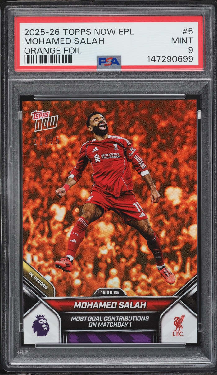 2025 Topps Now Premier League Orange Foil Mohamed Salah /25 #5 PSA 9 MINT