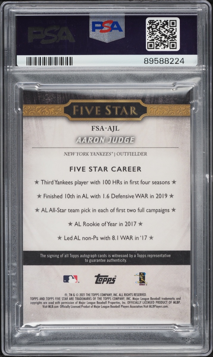2021 Topps Five Star Orange Aaron Judge AUTO /5 #FSA-AJL PSA 10 GEM MINT