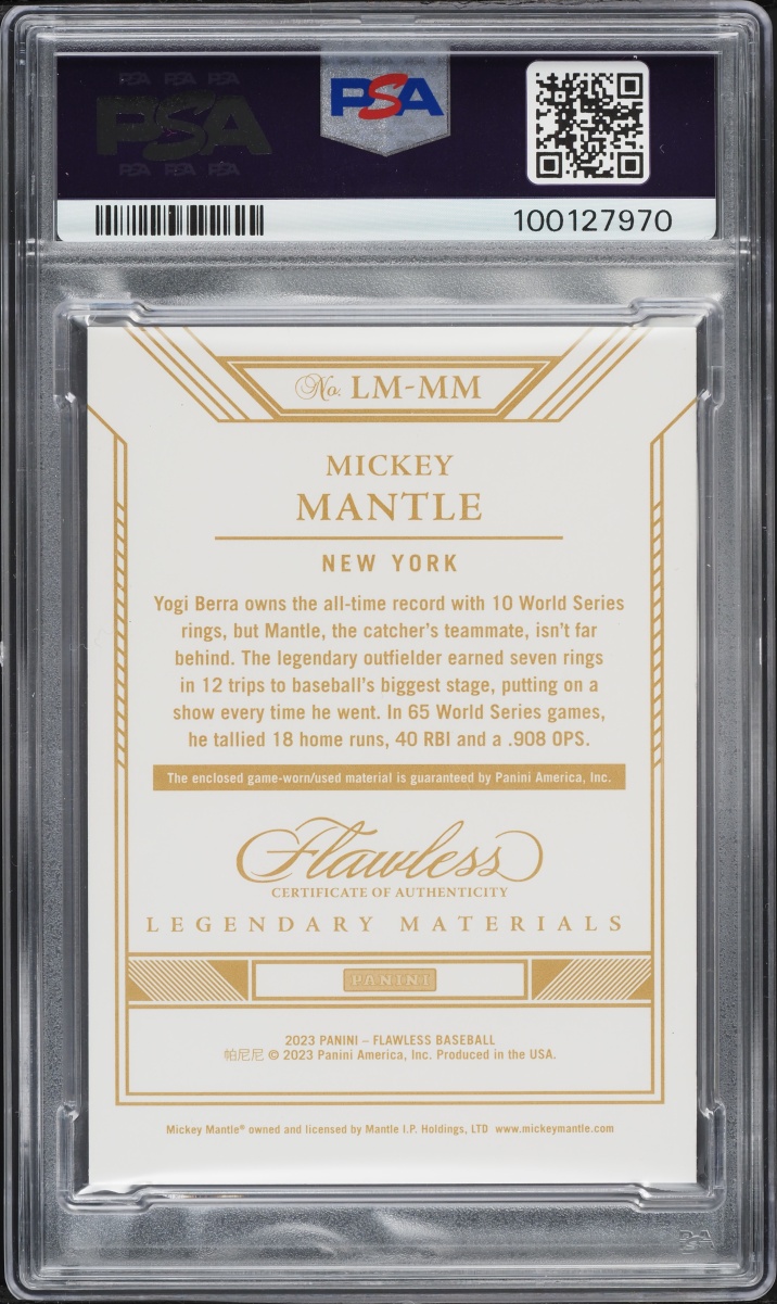 2023 Panini Flawless Legendary Materials Sapphire Mickey Mantle PATCH 15/15 #LM-MM PSA 10 GEM