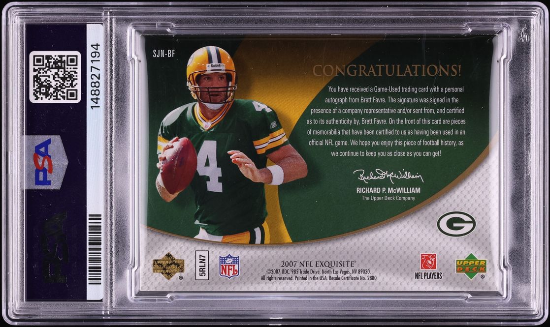 2007 Exquisite Collection Brett Favre PATCH AUTO DNA 10 JERSEY # 4/4 #SJN-BF PSA AUTH