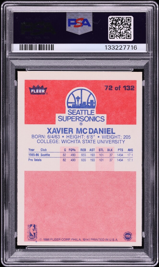 1986 Fleer Basketball Xavier McDaniel ROOKIE #72 PSA 8 NM-MT