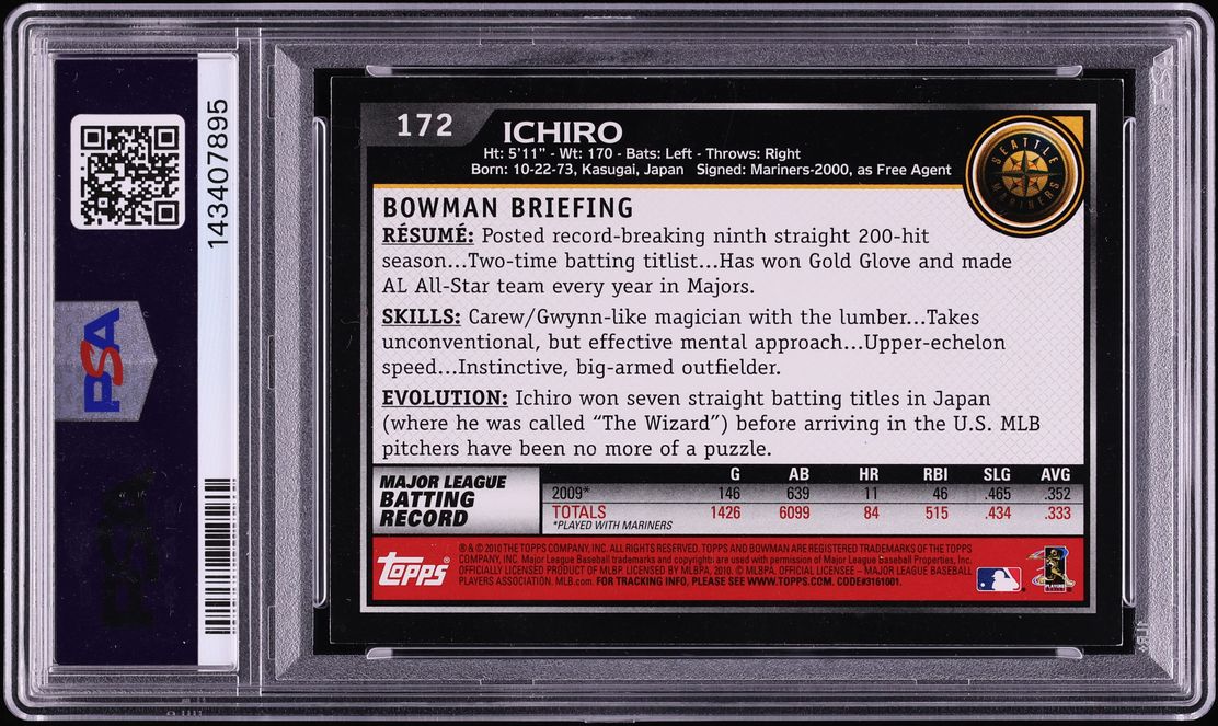 2022 Topps Archives Signature Series '10 Bowman Ichiro AUTO 1/1 #172 PSA 7 NRMT