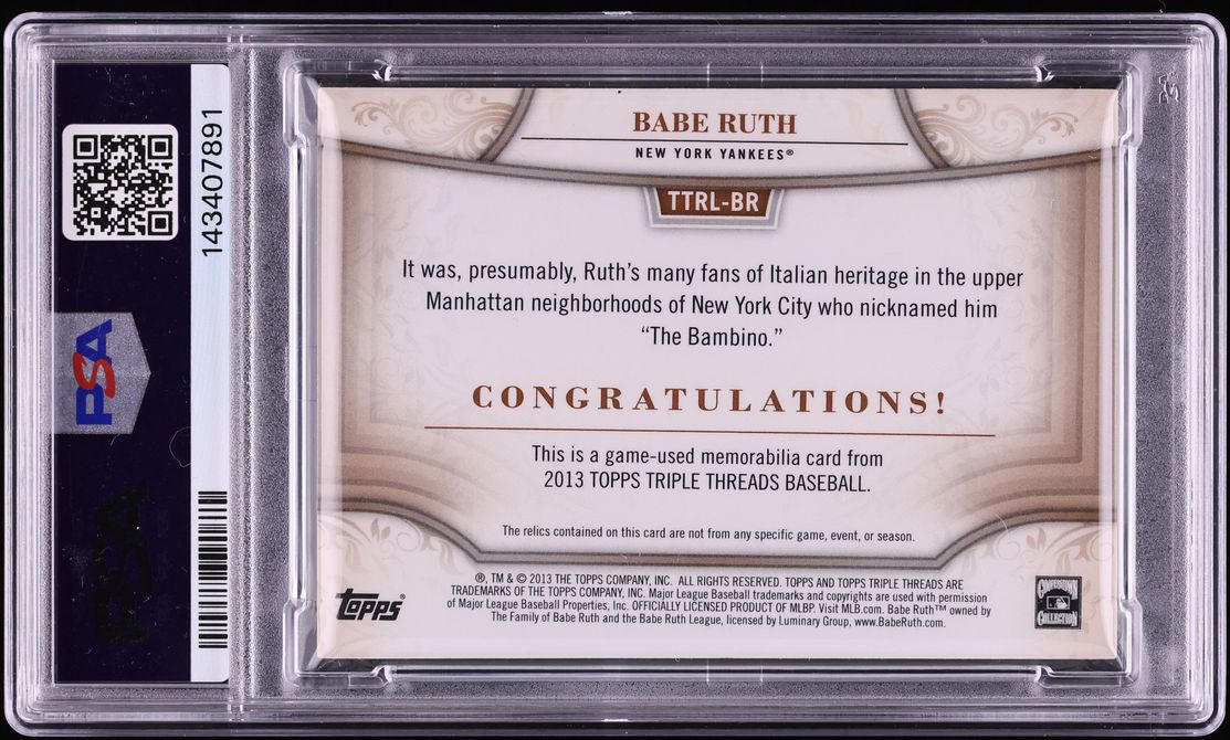 2013 Topps Triple Threads Legends Bat Sepia Babe Ruth RELIC /27 #TTRL-BR PSA 7 NRMT
