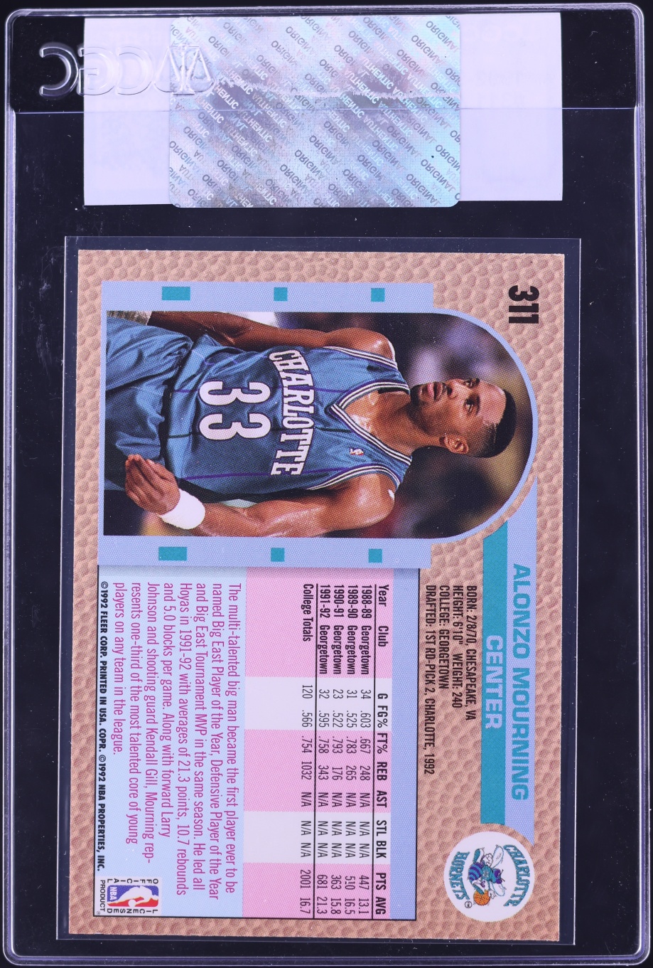1992 Fleer Basketball Alonzo Mourning ROOKIE #311 CGC AUTH