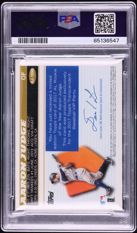 2017 Topps Transcendent Collection Topps History Aaron Judge ROOKIE /87 PSA 9 MINT