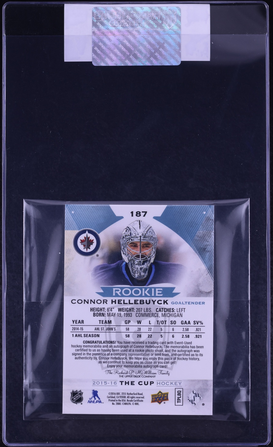 2015 Upper Deck The Cup Connor Hellebuyck ROOKIE PATCH AUTO /249 #187 CGC AUTH