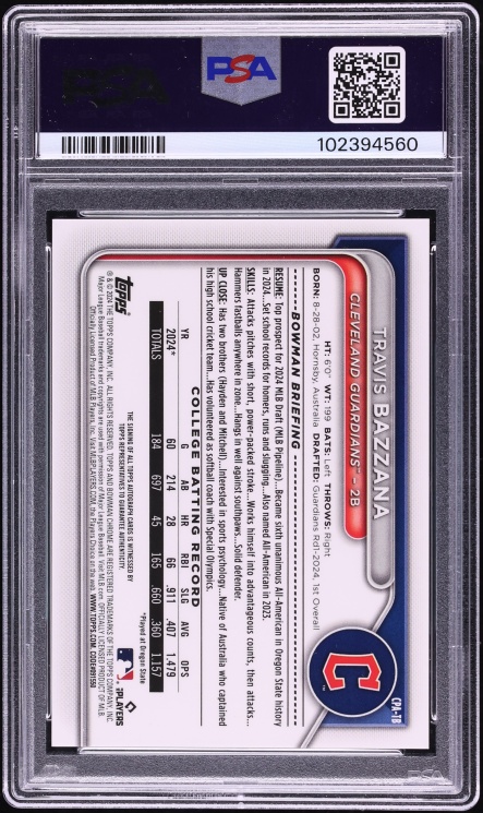 2024 Bowman Chrome Draft Yellow Refractor Travis Bazzana PROSPECT AUTO /75 #CPATB PSA 10 GEM