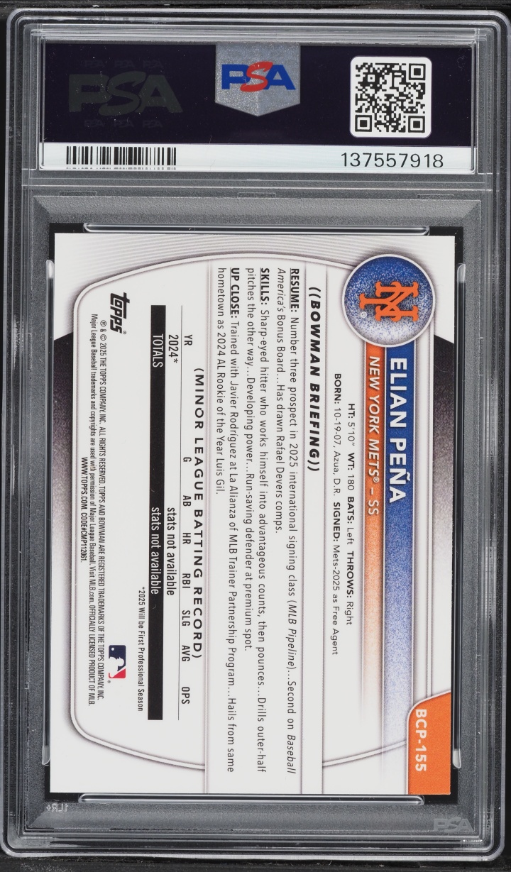 2025 Bowman Chrome Sapphire Edition Elian Pena PROSPECT #BCP-155 PSA 10 GEM MINT
