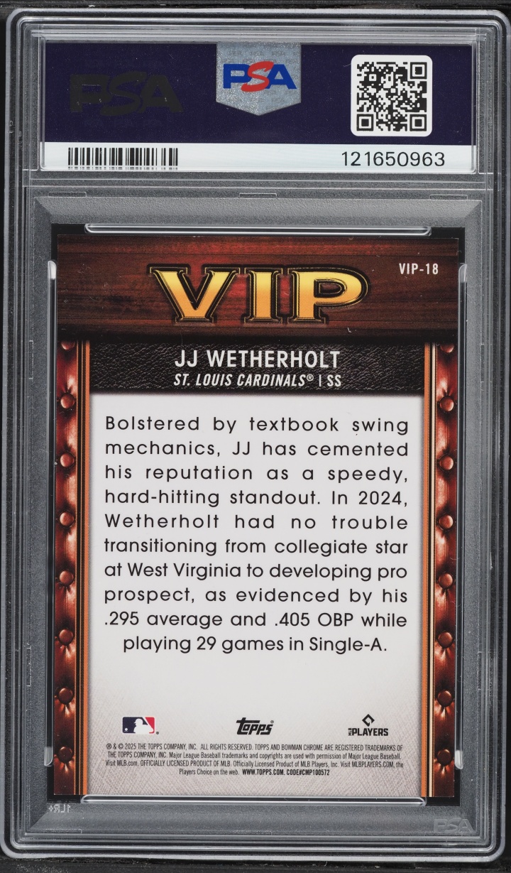 2025 Bowman Very Important Prospects Orange Refractor JJ Wetherholt PROSPECT /25 PSA 10 GEM