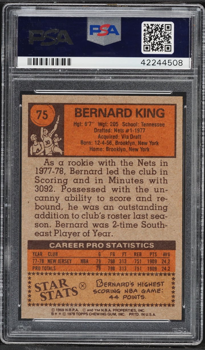 1978 Topps Basketball Bernard King ROOKIE #75 PSA 8 NM-MT