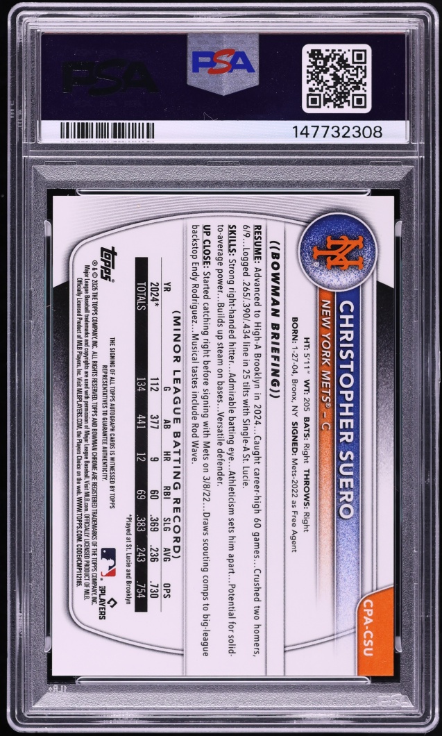 2025 Bowman Chrome Purple Refractor Christopher Suero PROSPECT AUTO /250 PSA 10 GEM MINT