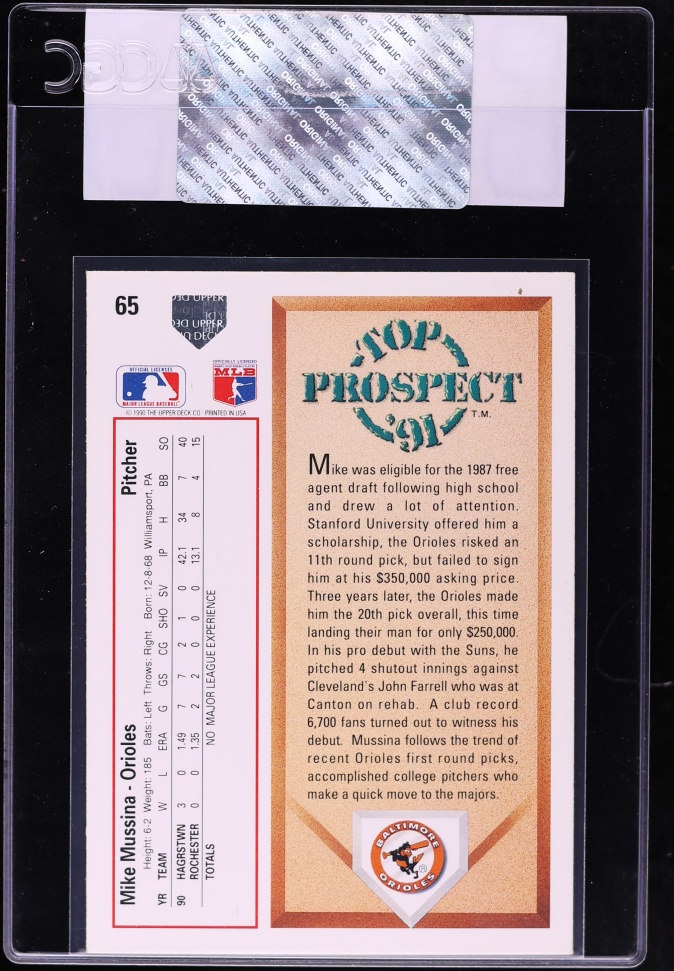 1991 Upper Deck Mike Mussina ROOKIE #65 CGC AUTH
