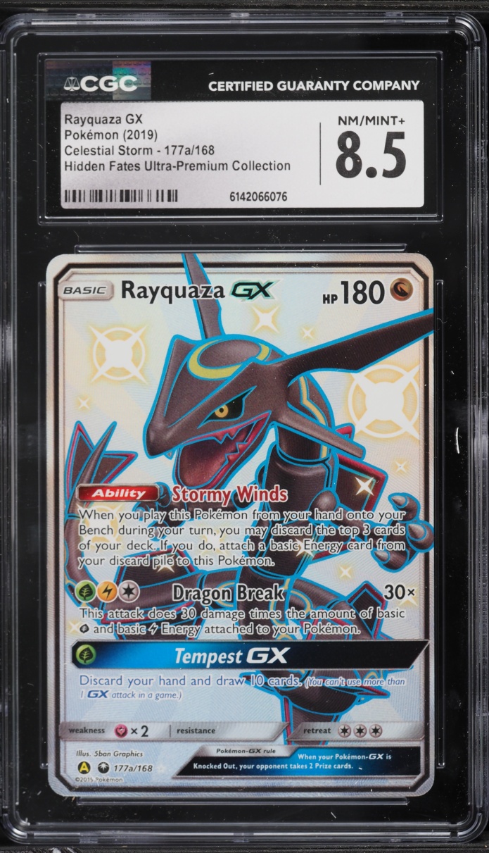 2019 Pokemon Sun & Moon Hidden Fates Premium Full Art Shiny Rayquaza GX #177a CGC 8.5 NM-MT+