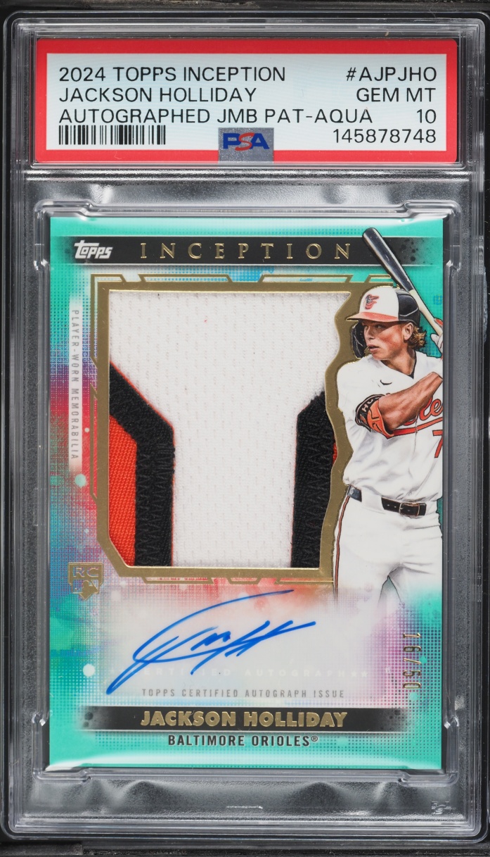 2024 Topps Inception Jumbo Aqua Jackson Holliday ROOKIE PATCH AUTO /50 #AJP-JHO PSA 10 GEM MINT