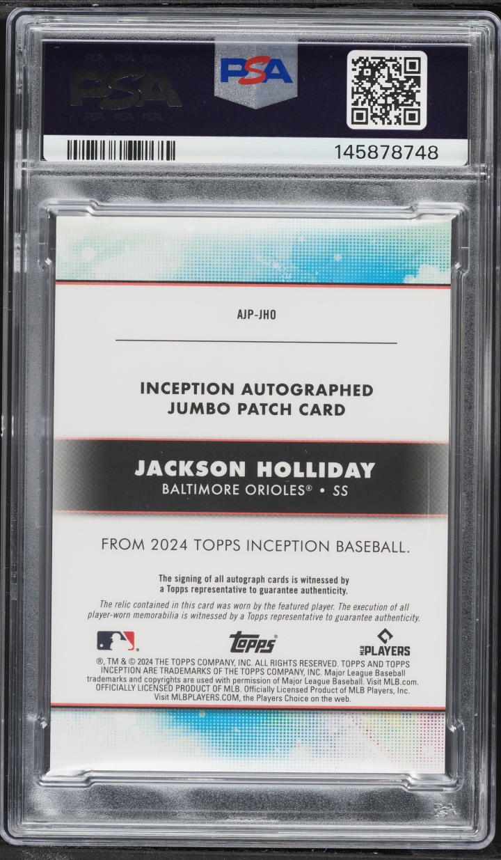 2024 Topps Inception Jumbo Aqua Jackson Holliday ROOKIE PATCH AUTO /50 #AJP-JHO PSA 10 GEM MINT