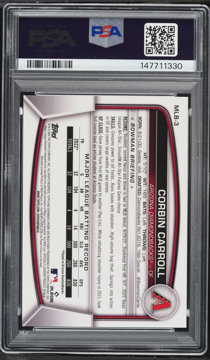 2023 Bowman Chrome NSCC Orange Refractor Corbin Carroll ROOKIE /25 #MLB-3 PSA 10 GEM MINT
