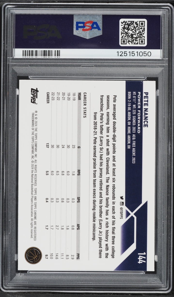 2023 Topps Chrome Sapphire Edition Gold Pete Nance ROOKIE /50 #144 PSA 10 GEM MINT