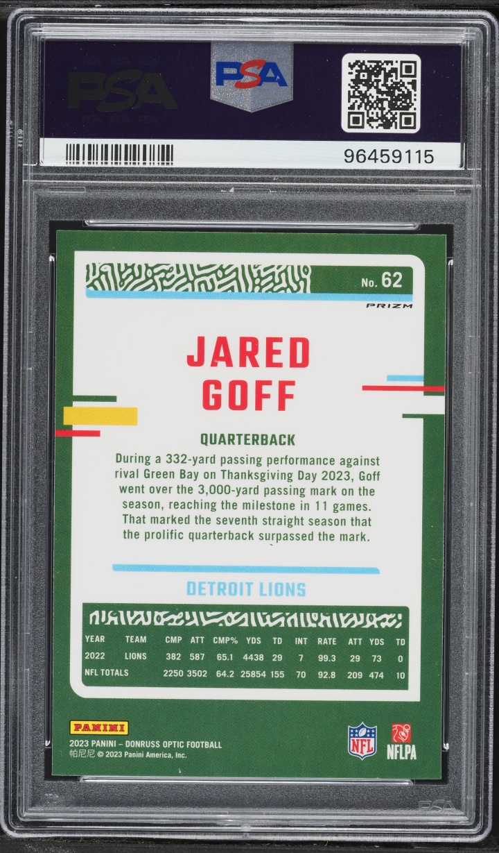 2023 Panini Donruss Optic Rocket Jared Goff #62 PSA 9 MINT